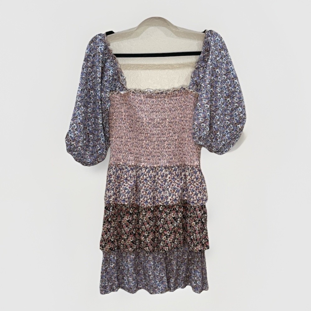 STORIA Smocked Mini Dress M Tiered‎ Cottagecore Coquette Balletcore Puff Sleeve